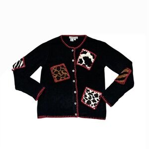 VTG black‎ white animal print patchwork button down cardigan sweater fuzzy S